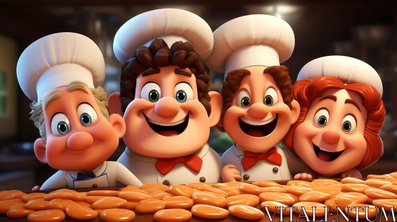 Cheerful Cartoon Chefs in Kitchen AI Image