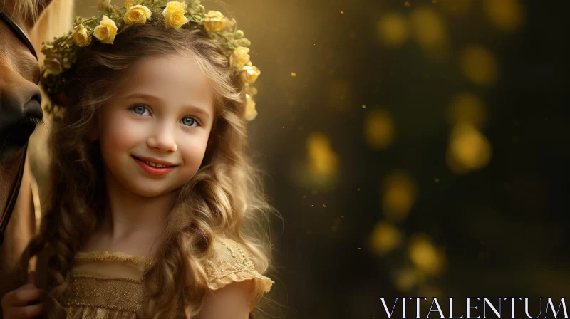 Enchanting Girl in Golden Dress and Flowers in Forest AI Image