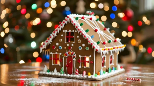 Festive Gingerbread House with Christmas Tree Background