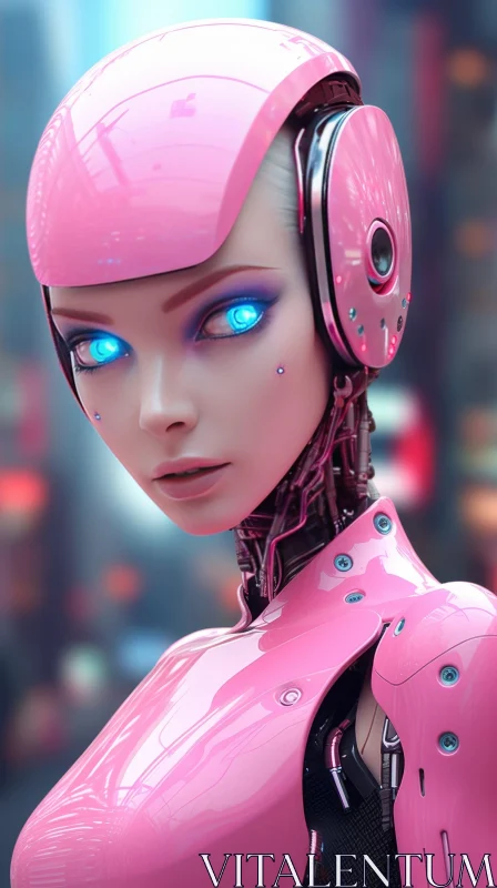 Pink Female Robot Portrait in City Scene AI Image