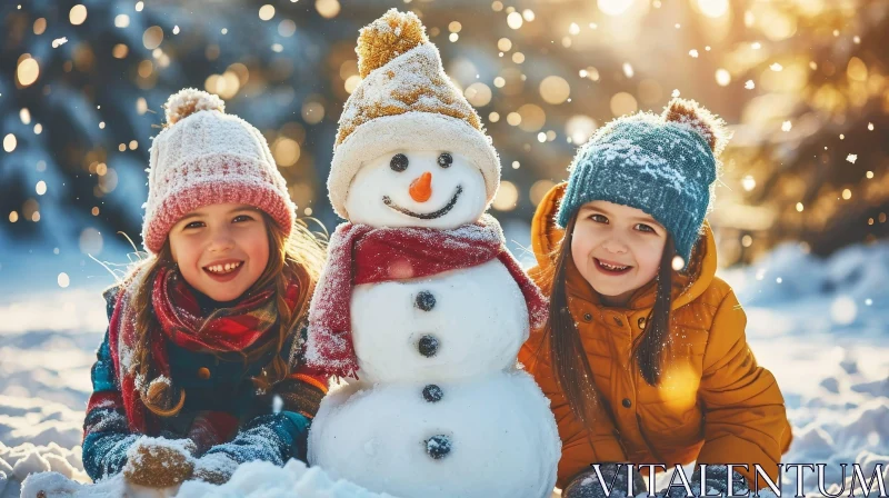 Winter Joy: Girls Building Snowman AI Image