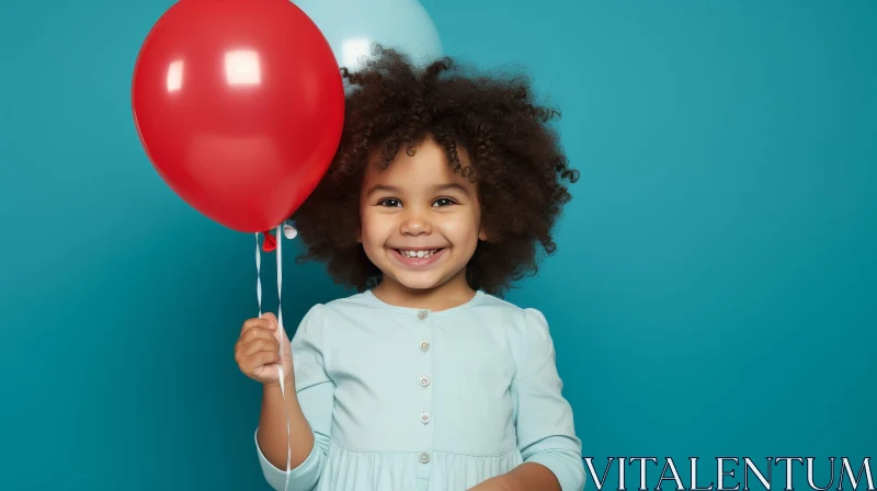 Adorable Girl with Curly Hair Holding Red Balloon AI Image