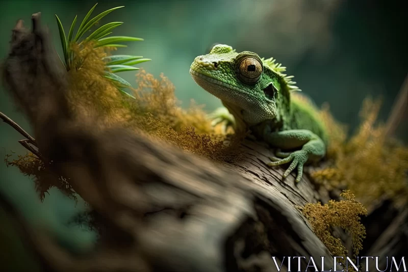 Captivating Green Lizard on Wooden Branch with Leaves and Moss | Artistic Composition AI Image
