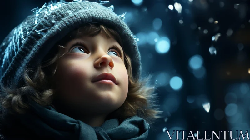 Enchanting Winter Portrait of Child with Bokeh Effect AI Image