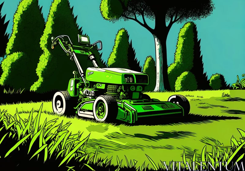 Green Lawn Mower Under Trees | Highly Detailed Realism AI Image