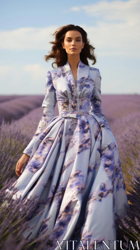 Young Woman in Purple Floral Dress Standing in Lavender Field AI Image