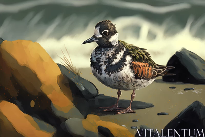 Bird Sitting on Rock on Beach | Dappled Cartoonish Style AI Image