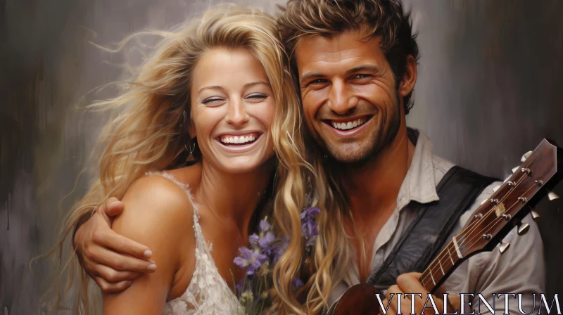 Blond Couple Musician and Flower Bouquet Moment AI Image