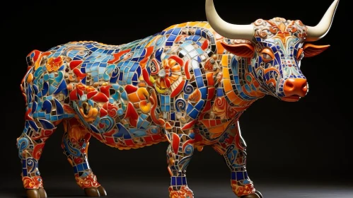Colorful Bull Mosaic Sculpture - Intricate Ceramic Artwork