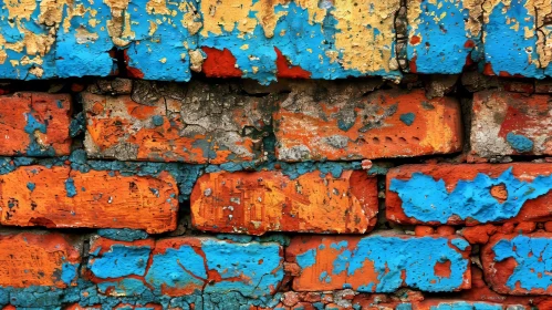 Distressed Brick Wall with Peeling Blue and Yellow Paint