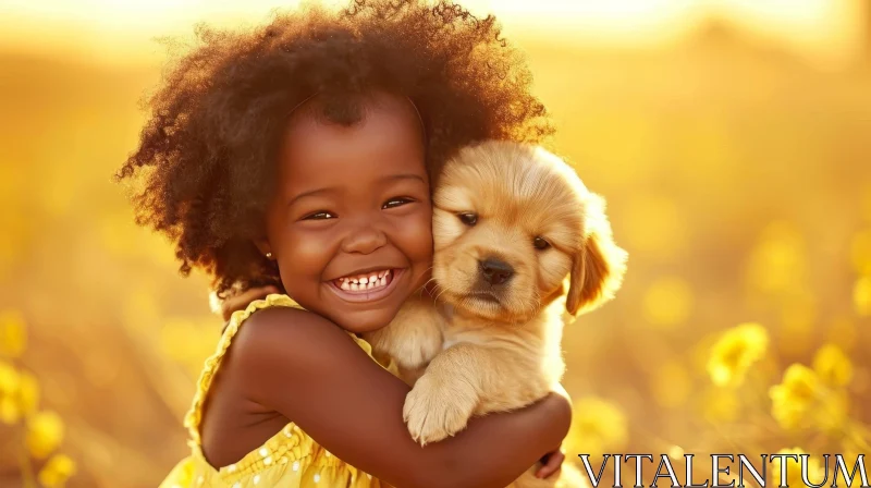 Joyful Moment: Girl Hugging Golden Retriever Puppy in Field AI Image