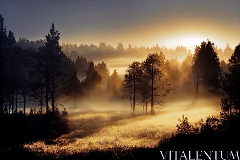Misty Pasture with Trees in Golden Light | Mesmerizing Colorscapes AI Image