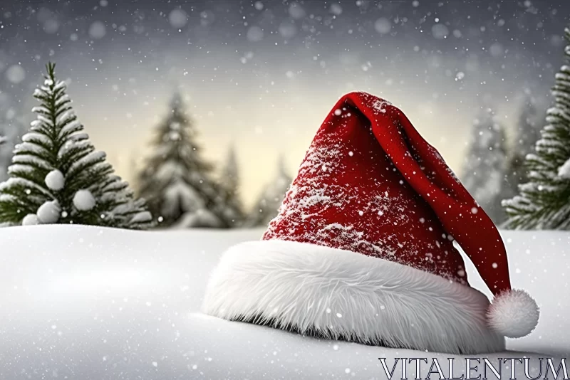 Red Santa Hat on Snowy Field with Trees - Cinema4D Render AI Image
