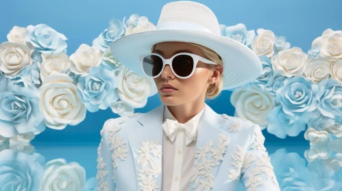 Stylish Woman in White Hat and Blue Suit