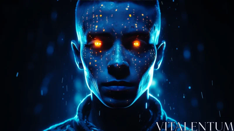 AI ART Surreal Portrait of a Man with Glowing Eyes and Blue Face