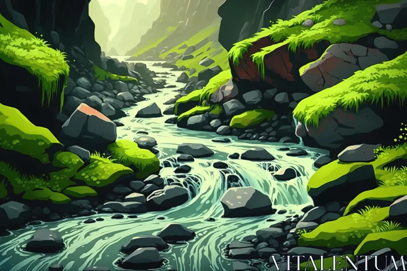 AI ART Tranquil Stream in Green Jungle - Captivating Nature Illustration