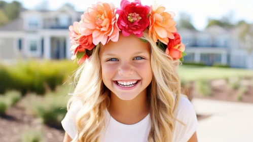 Blonde Girl Portrait with Flowers in Park