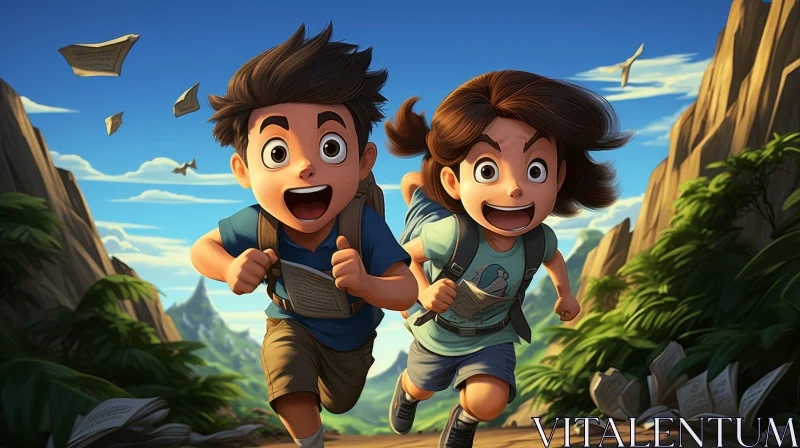 Joyful Children Running in Forest | Mountain Adventure AI Image