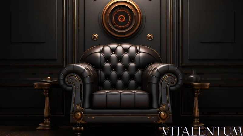 Luxurious 3D Rendering of a Tufted Leather Armchair in a Dark Wood Interior AI Image
