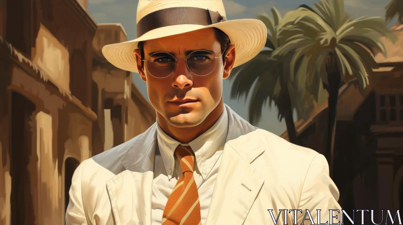 Serious Man in White Suit on Street with Palm Trees AI Image