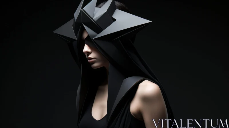 AI ART Black Geometric Futuristic Helmet Woman in Dark Room