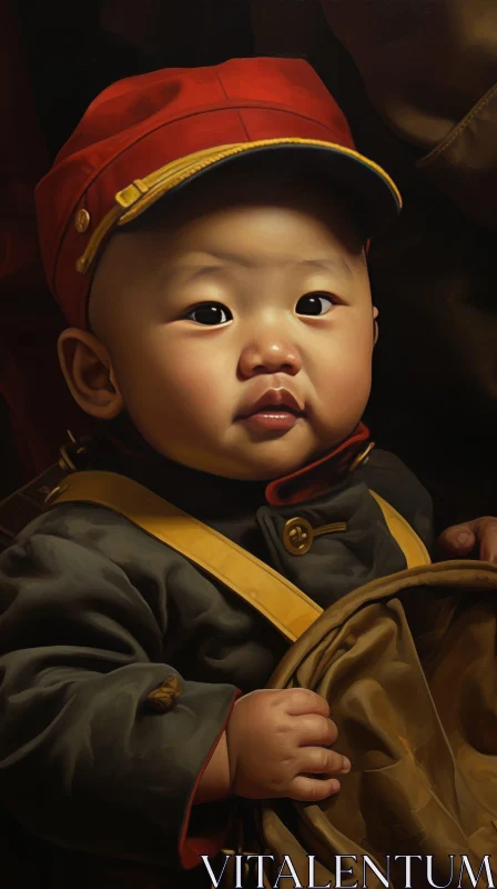 Chinese Baby in Red Cap and Military Uniform AI Image