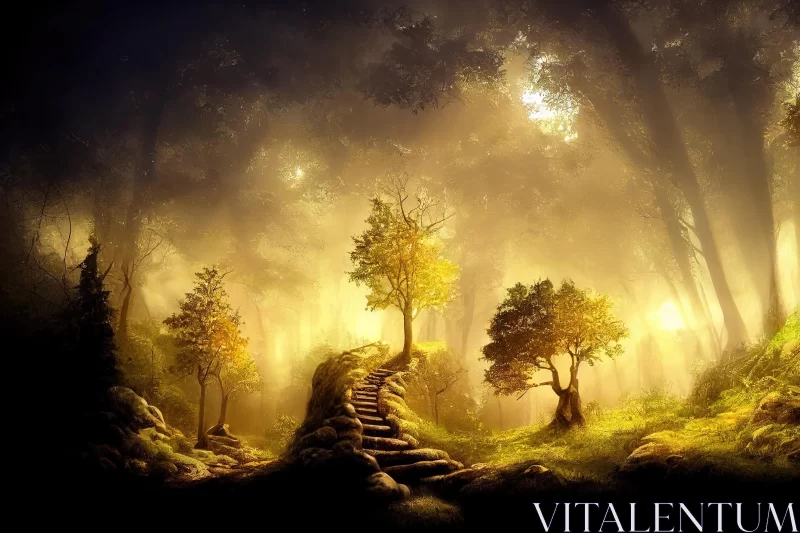 Enchanting Forest Landscape with Stairs | Golden Light | Fantasy Art AI Image