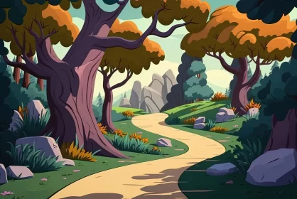 Fantasy Cartoon Forest Pathway with Rocks and Trees