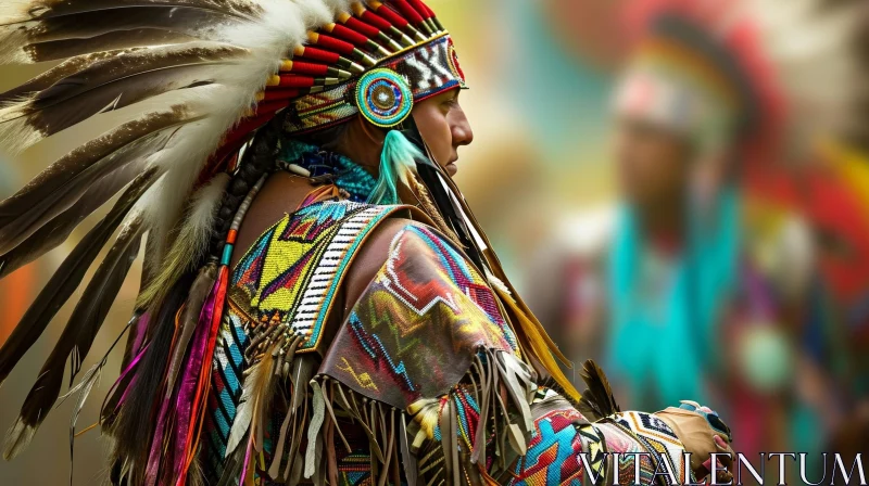Native American Man in Traditional Headdress and Clothing in Forest AI Image
