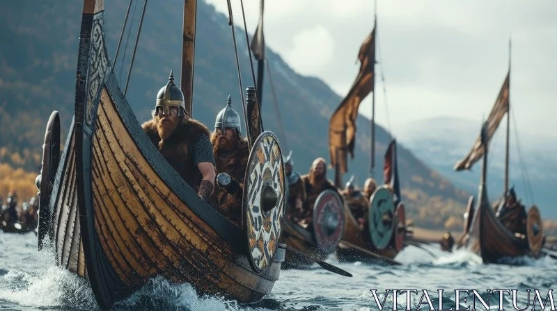 Viking Adventure in Wooden Boat AI Image