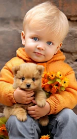 Blond Toddler Boy with Puppy in Nature