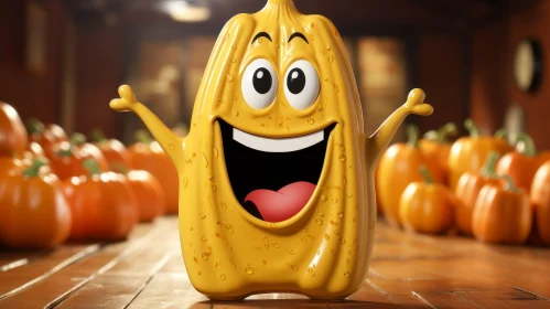 Cheerful 3D Cartoon Pumpkin Character in Room
