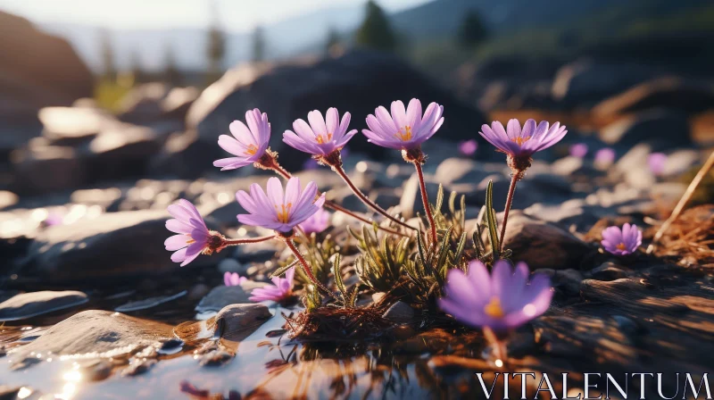 Delicate Purple Flowers in Rocky Riverbed AI Image