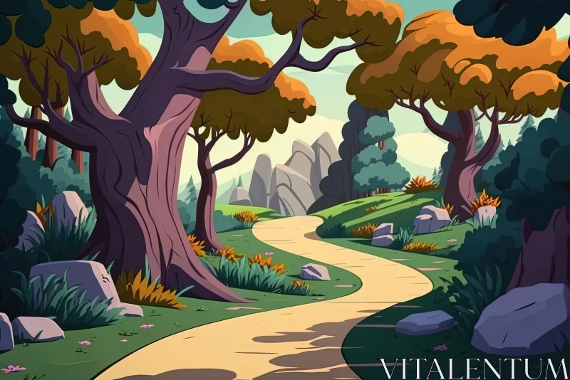 Fantasy Cartoon Forest Pathway with Rocks and Trees AI Image