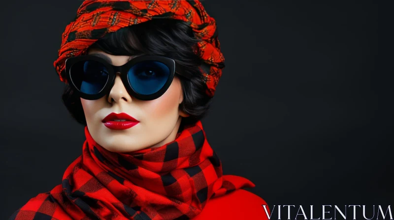 Fashion Portrait of a Young Woman in Red and Black Headscarf AI Image