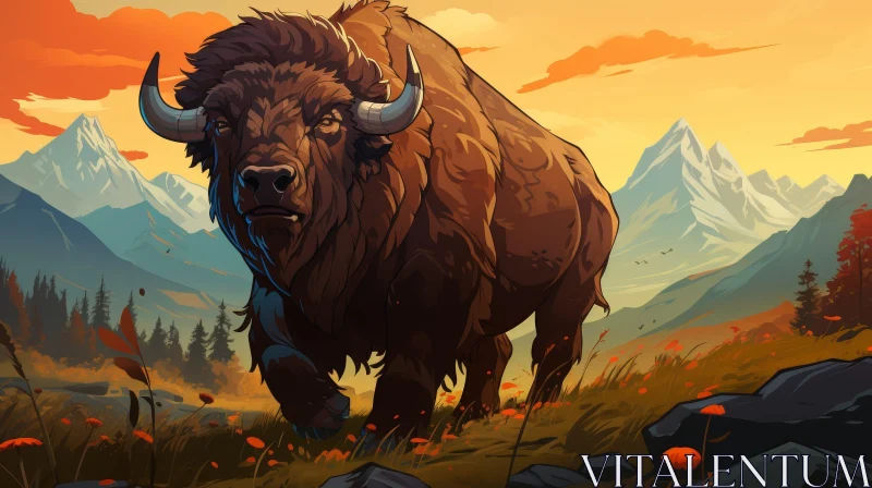Majestic Bison in Mountain Landscape - Digital Painting AI Image