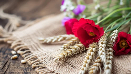 Red Poppies and Wheat Bouquet Close-Up