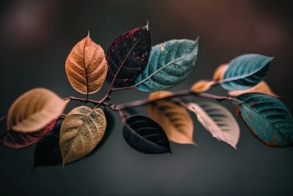 Romanticized Nature: Leaves on a Branch in Dark Teal and Light Brown