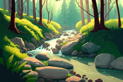 Captivating Cartoon River in the Woods - Nature Art