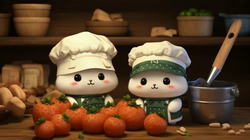 Cheerful Cartoon Rabbits in Kitchen with Strawberries