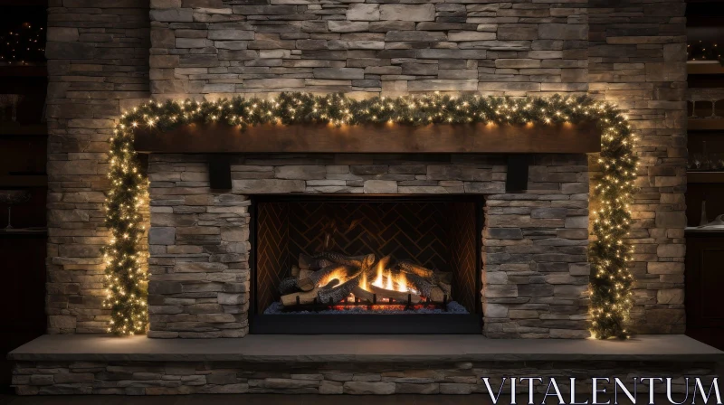 AI ART Cozy Stone Fireplace with Wooden Mantel