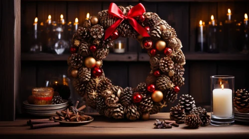 Festive Christmas Wreath with Pine Cones and Ornaments