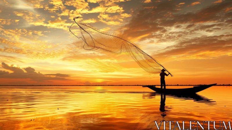 AI ART Golden Sunset Silhouette: Fisherman Casting Net in Boat