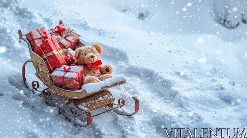 Winter Teddy Bear and Gifts in Snowy Forest AI Image