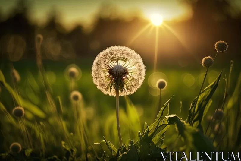 Golden Dandelion in a Grass Field at Sunset | Nature Photography AI Image