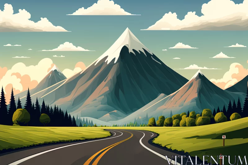 Mountain Road Illustration in Vibrant Cartoonish Style | Vintage Poster Design AI Image