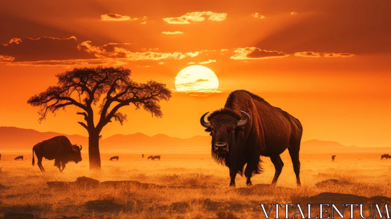 Tranquil Bison Sunset in Nature AI Image