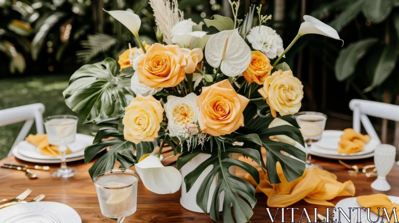 Tropical Themed Table Setting with Floral Centerpiece AI Image