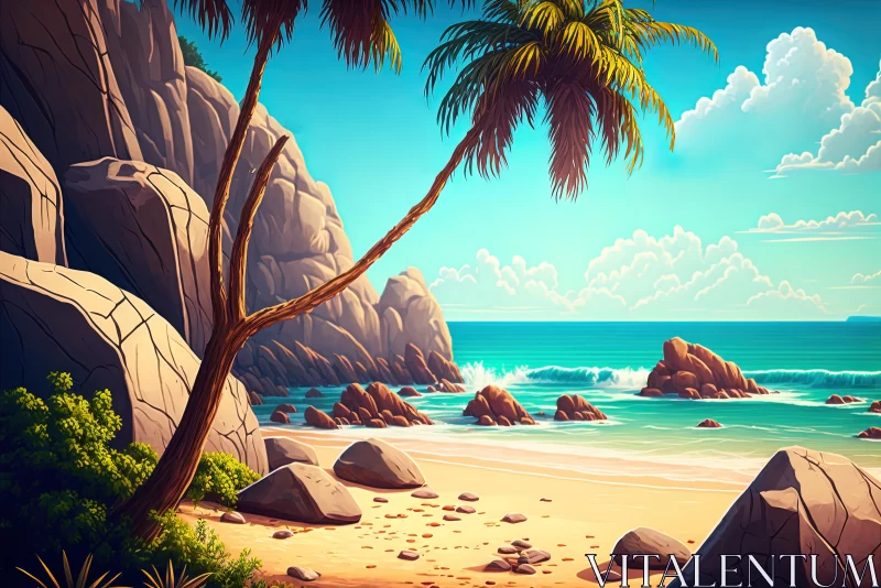 Vibrant Cartoon Desert on the Beach with Palm Trees and Rocks AI Image