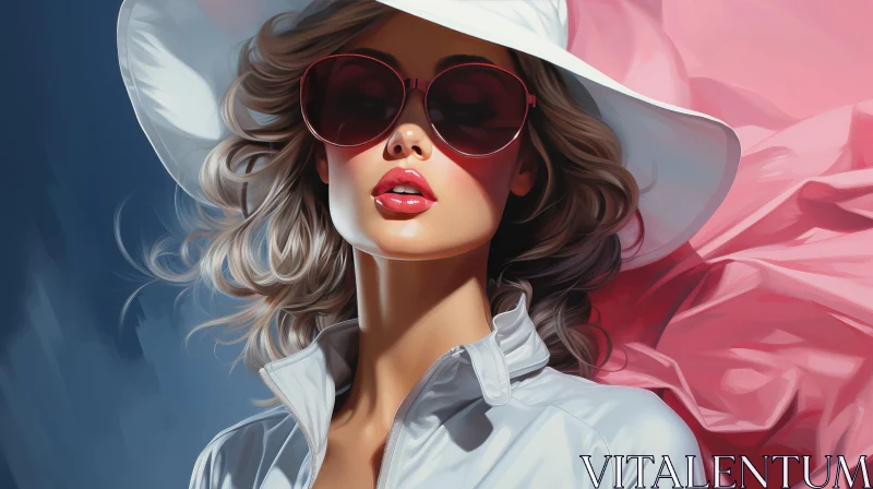 Fashion Portrait of a Young Woman in White Hat and Sunglasses AI Image